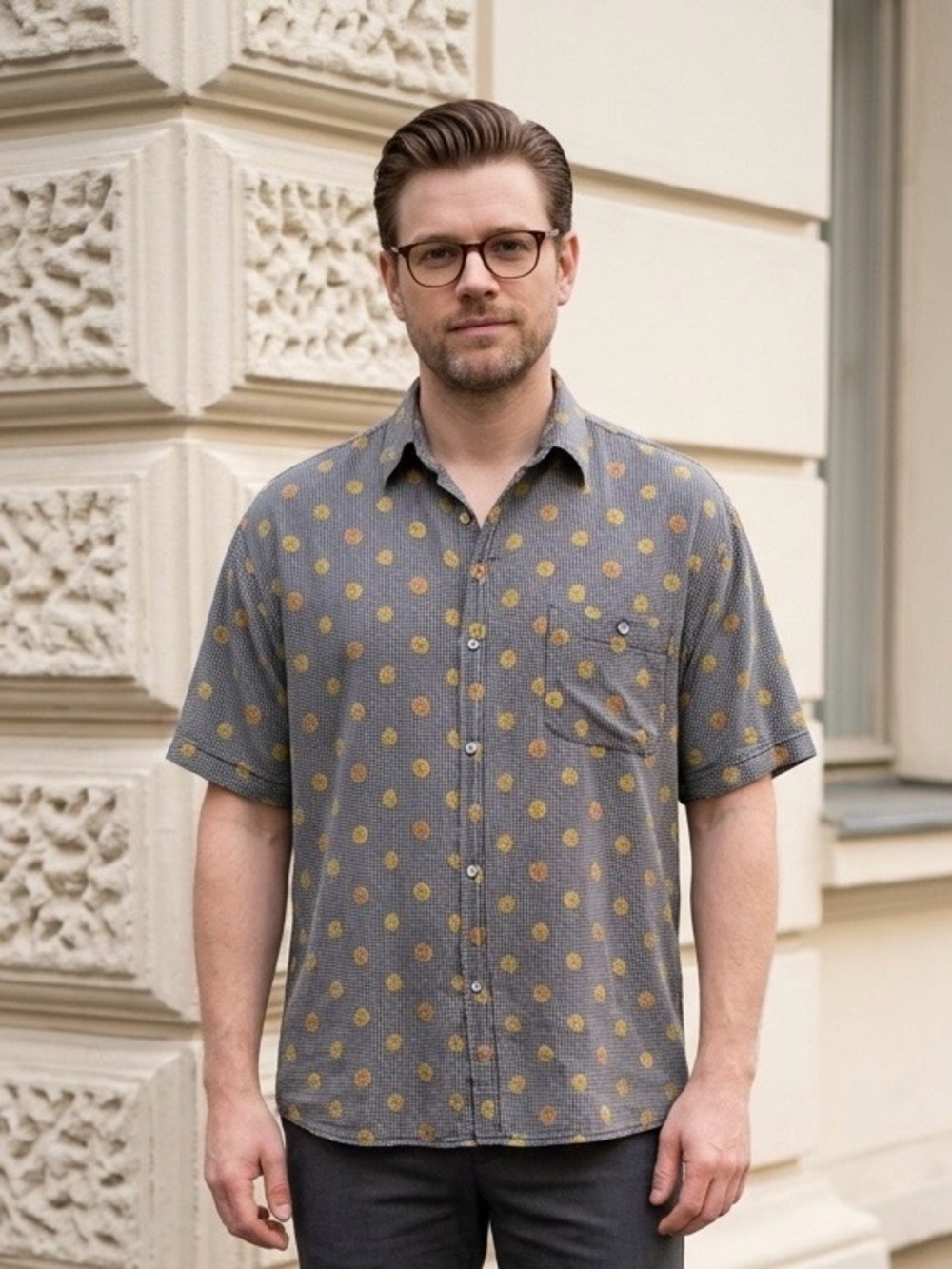 2299 -  Vintage Silk Medallion Houndstooth Button-Up